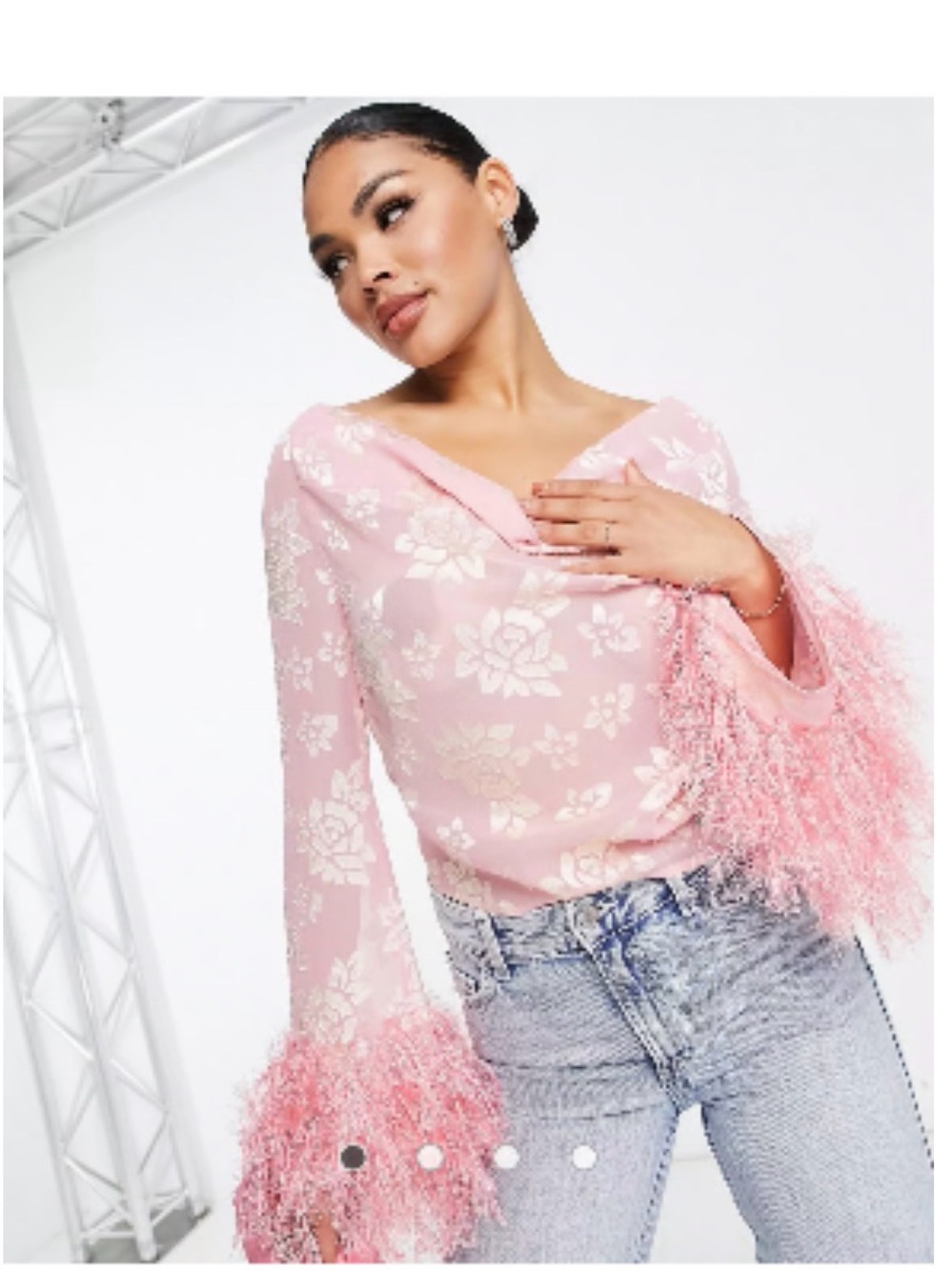 ASOS Pink Floral V-Neck Blouse with Fringe Cuffs